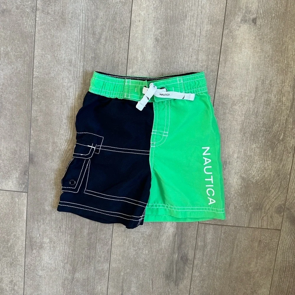 Nautica 12 Month Baby Boy Swim Trunks Shorts Vibrant Green & Navy Blue EUC